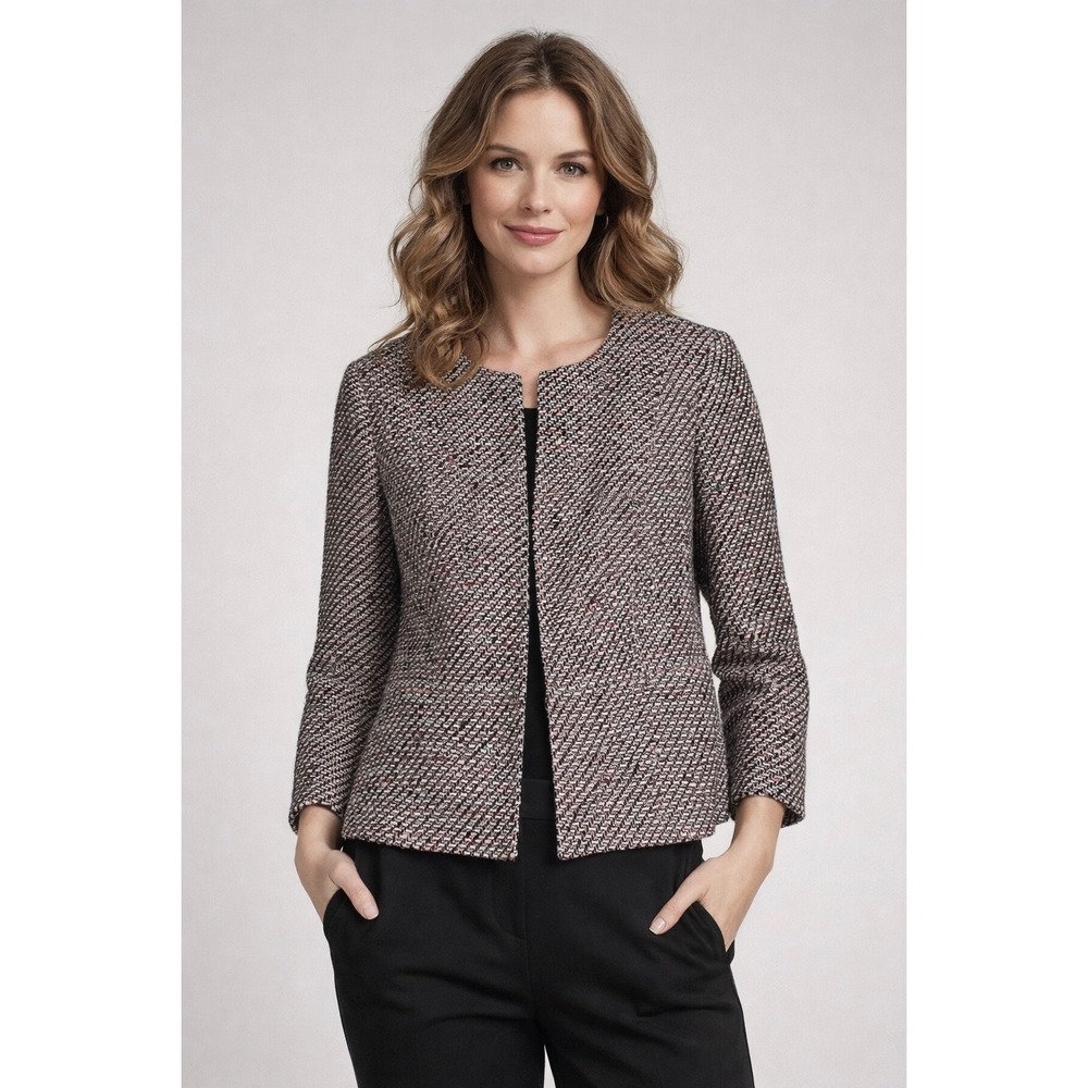Talbots Tweed Blazer Lady Jacket Women 12 Black Pink Long Sleeves Round Neck